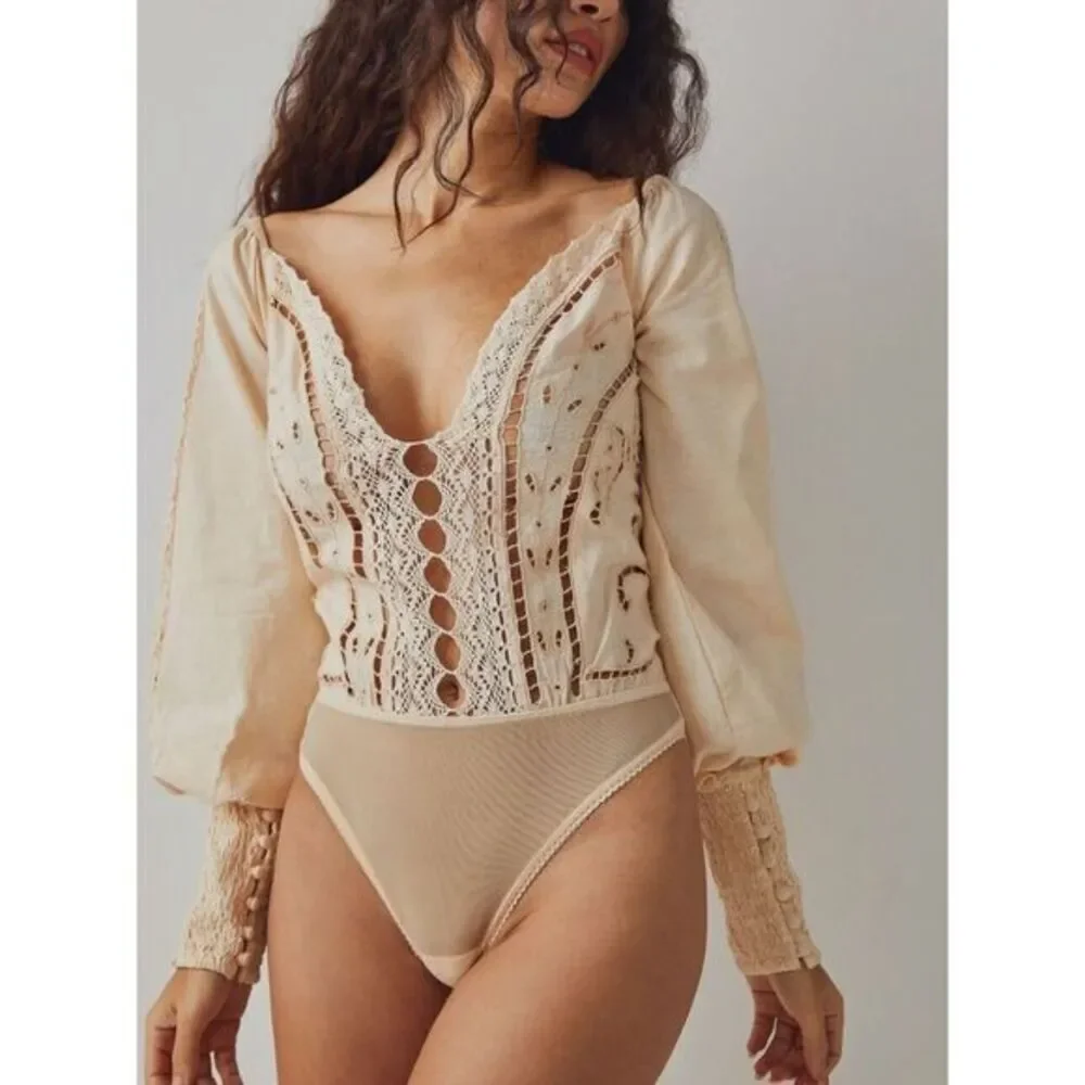 NEW Free‎ People Intimately Brown Regina Boho Long Sleeve Bodysuit, S